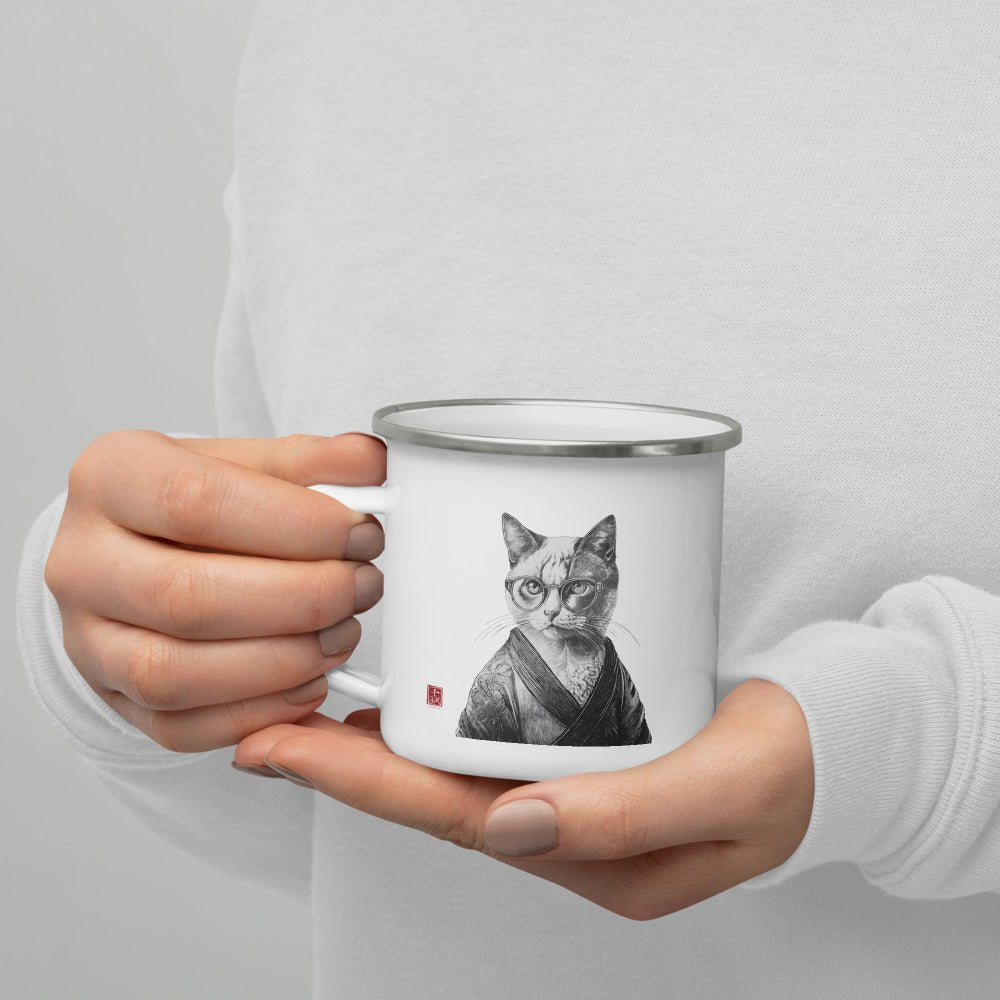Cat in Kimono 和服の猫 | Black and White Art | Enamel Mug - Gorma & Friends