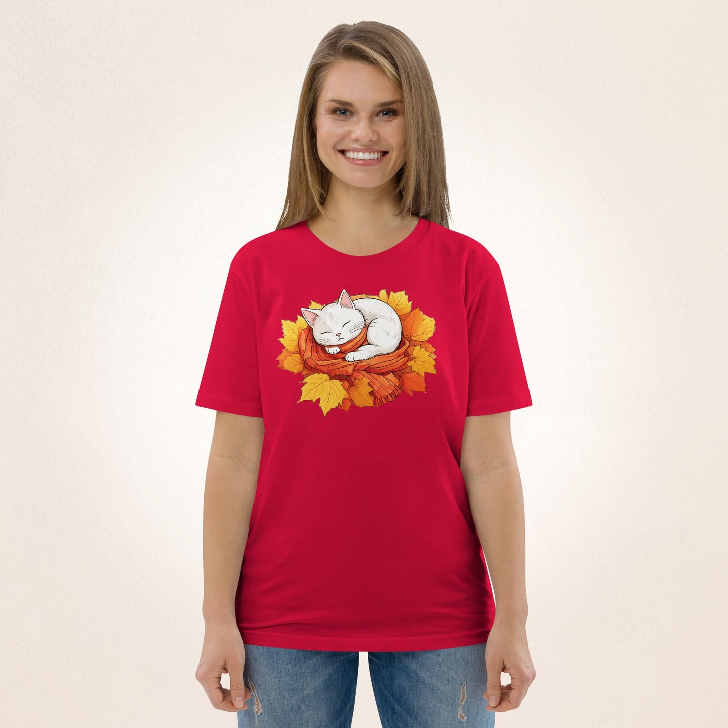 White Cat in Autumn Leaves | organic cotton t-shirt - Gorma & Friends
